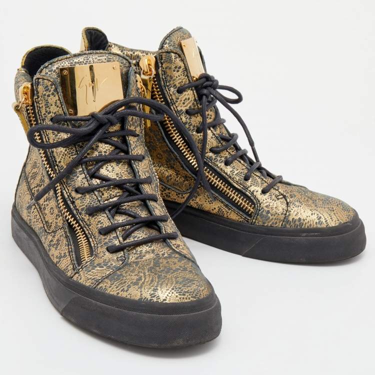 Pre Owned Giuseppe Zanotti Metallic Gold/Grey Printed Leather Double Zipper High Top Sneakers Size 38 