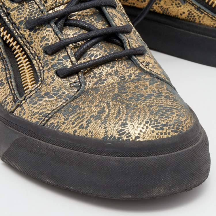 Pre Owned Giuseppe Zanotti Metallic Gold/Grey Printed Leather Double Zipper High Top Sneakers Size 38 
