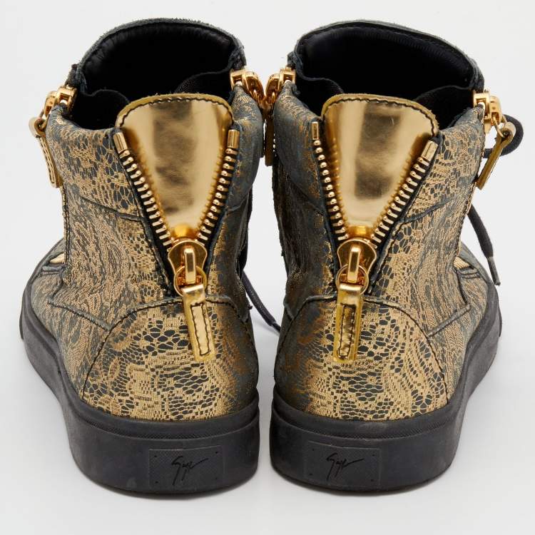 Pre Owned Giuseppe Zanotti Metallic Gold/Grey Printed Leather Double Zipper High Top Sneakers Size 38 
