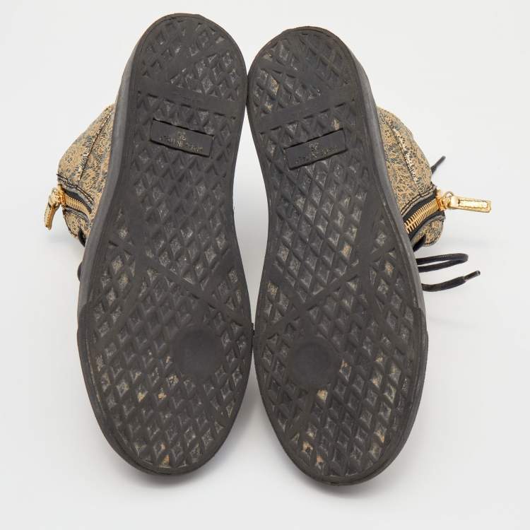 Pre Owned Giuseppe Zanotti Metallic Gold/Grey Printed Leather Double Zipper High Top Sneakers Size 38 
