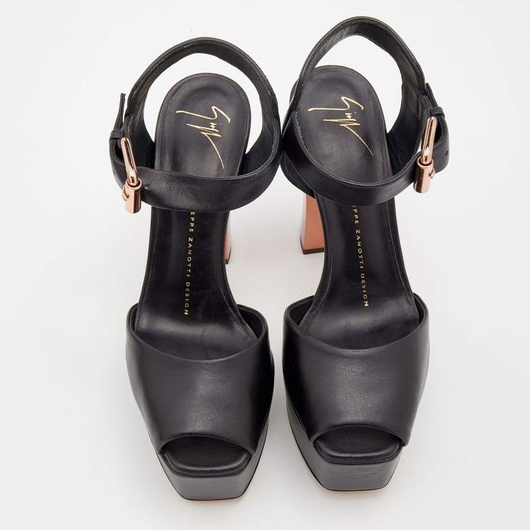 Pre Owned Giuseppe Zanotti Black Leather Lavinia Ankle Strap Platform Sandals Size 37