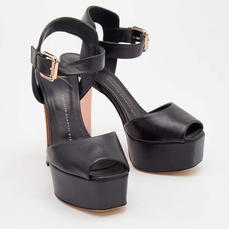Pre Owned Giuseppe Zanotti Black Leather Lavinia Ankle Strap Platform Sandals Size 37