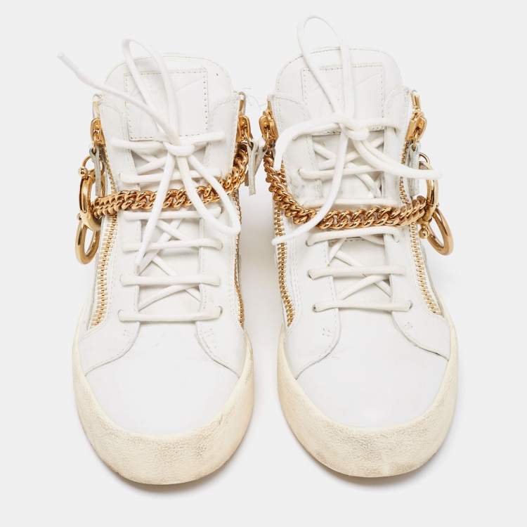 Pre Owned Giuseppe Zanotti White Leather Chain High Top Sneakers Size 37 