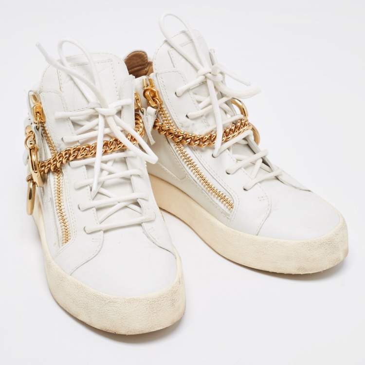 Pre Owned Giuseppe Zanotti White Leather Chain High Top Sneakers Size 37 
