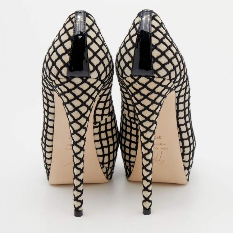 Pre Owned Giuseppe Zanotti Beige/Black Suede Sharon Platform Peep Toe Pumps Size 37.5