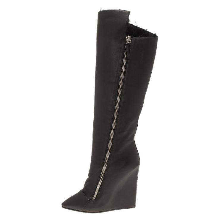 Pre Owned Giuseppe Zanotti Black Leather and Fur Lining Guaz Knee Boots Size 37