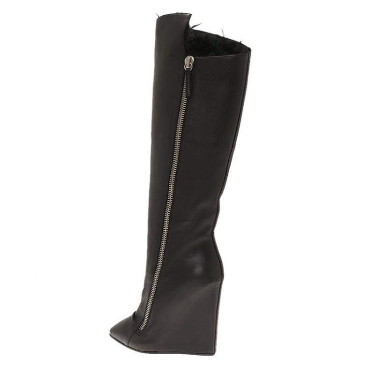 Pre Owned Giuseppe Zanotti Black Leather and Fur Lining Guaz Knee Boots Size 37