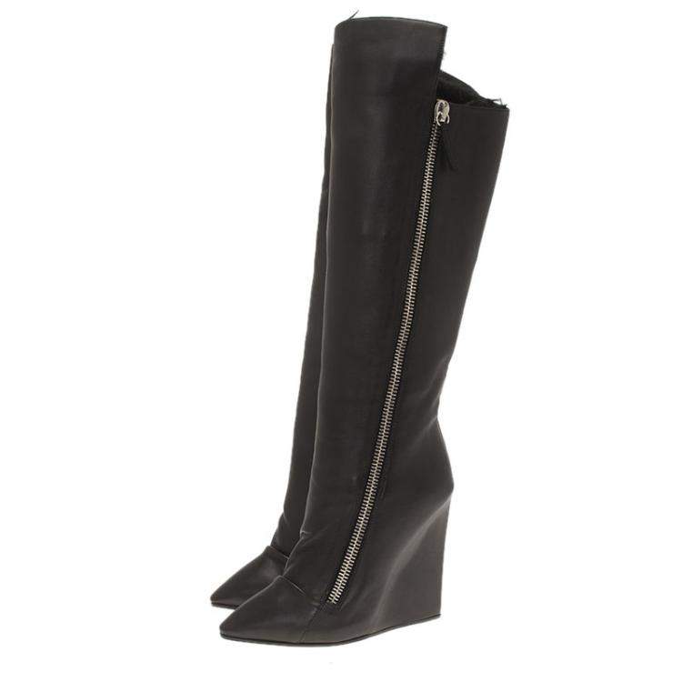 Pre Owned Giuseppe Zanotti Black Leather and Fur Lining Guaz Knee Boots Size 37
