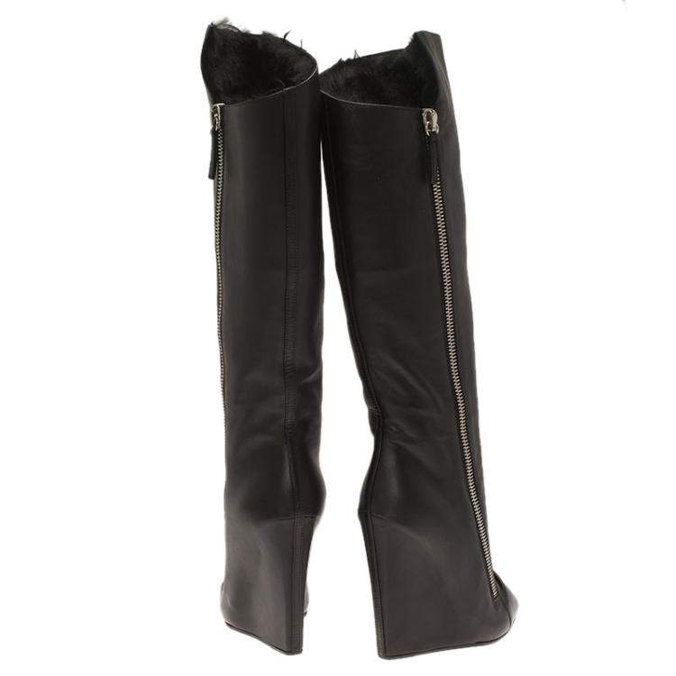 Pre Owned Giuseppe Zanotti Black Leather and Fur Lining Guaz Knee Boots Size 37