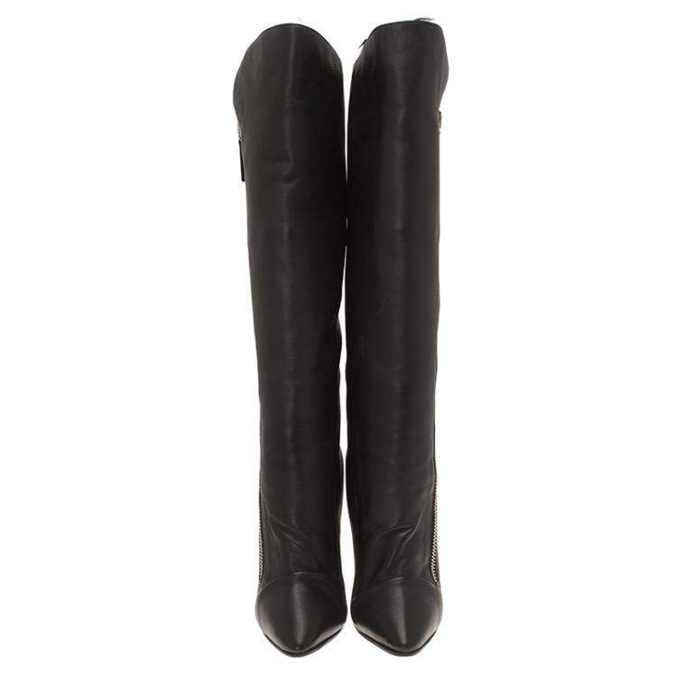 Pre Owned Giuseppe Zanotti Black Leather and Fur Lining Guaz Knee Boots Size 37