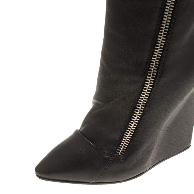 Pre Owned Giuseppe Zanotti Black Leather and Fur Lining Guaz Knee Boots Size 37