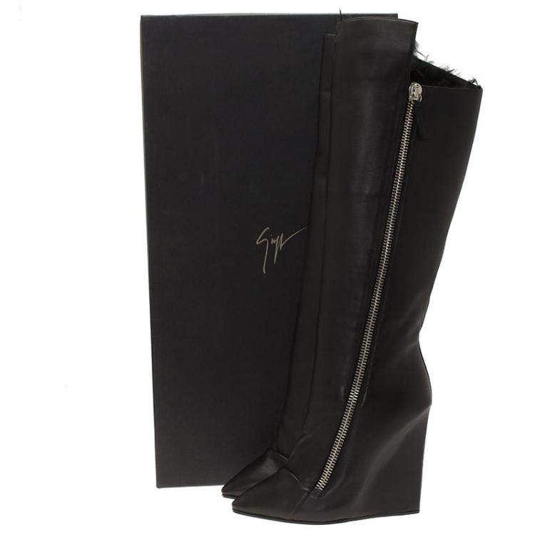 Pre Owned Giuseppe Zanotti Black Leather and Fur Lining Guaz Knee Boots Size 37
