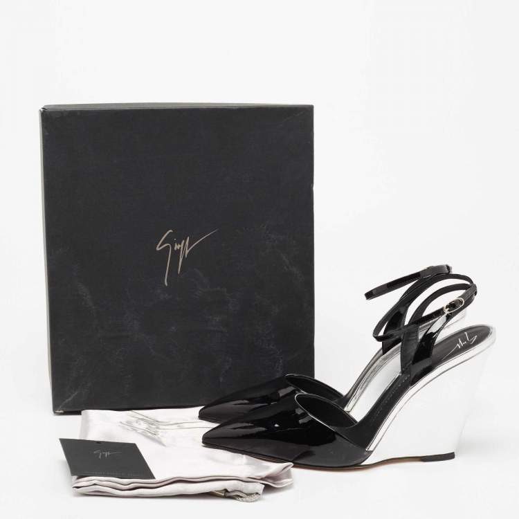 Pre Owned Giuseppe Zanotti Black/Silver Patent Leather Yvette Wedge Pointed Toe Pumps Size 40