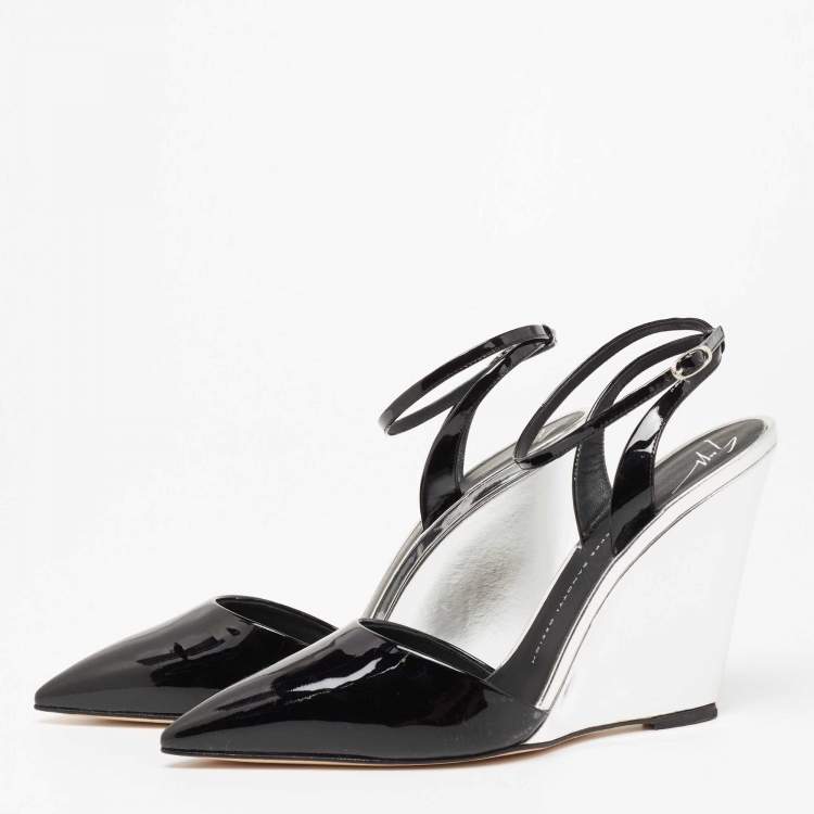 Pre Owned Giuseppe Zanotti Black/Silver Patent Leather Yvette Wedge Pointed Toe Pumps Size 40