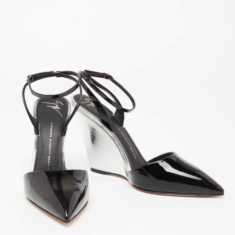Pre Owned Giuseppe Zanotti Black/Silver Patent Leather Yvette Wedge Pointed Toe Pumps Size 40