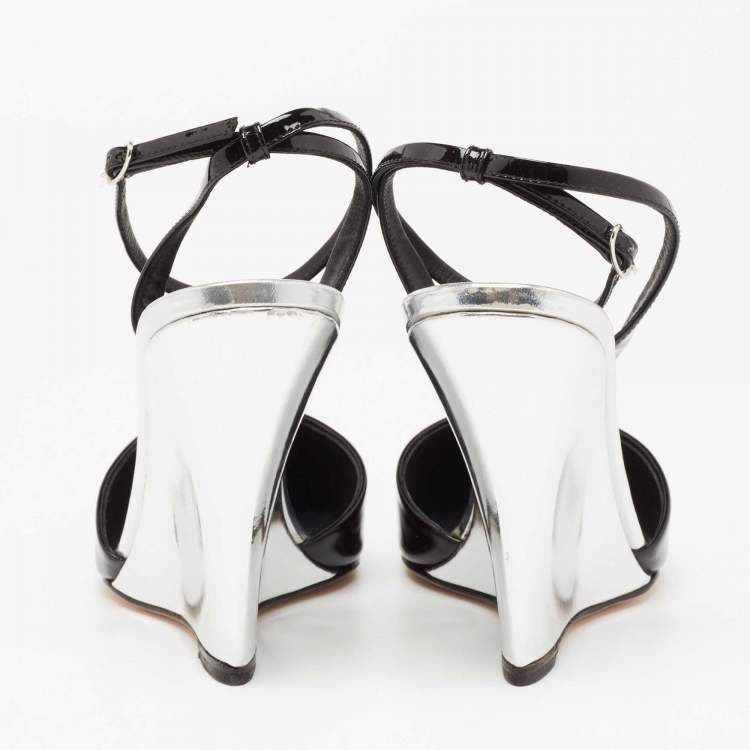 Pre Owned Giuseppe Zanotti Black/Silver Patent Leather Yvette Wedge Pointed Toe Pumps Size 40