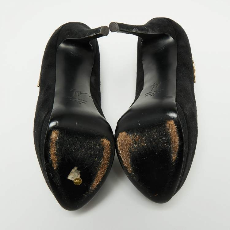 Pre Owned Giuseppe Zanotti Black Suede Crystal Embellished Peep Toe Pumps Size 39