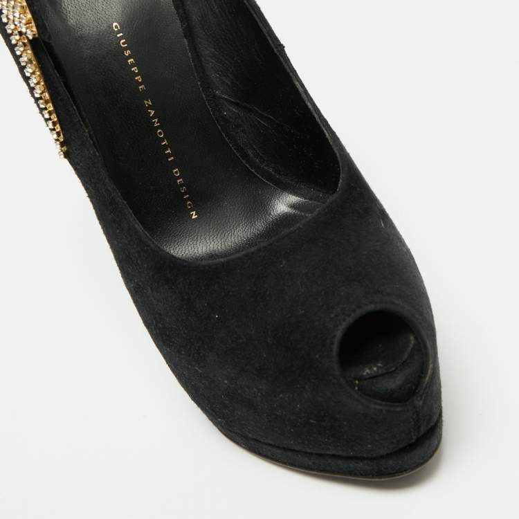 Pre Owned Giuseppe Zanotti Black Suede Crystal Embellished Peep Toe Pumps Size 39
