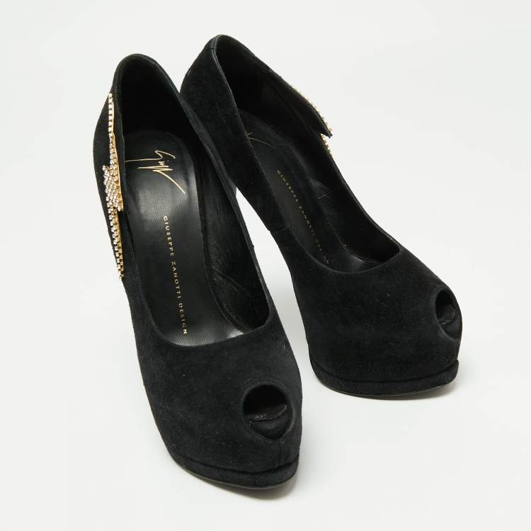 Pre Owned Giuseppe Zanotti Black Suede Crystal Embellished Peep Toe Pumps Size 39