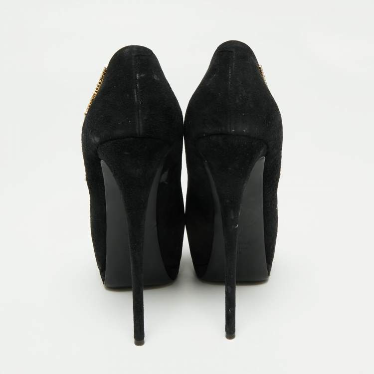 Pre Owned Giuseppe Zanotti Black Suede Crystal Embellished Peep Toe Pumps Size 39
