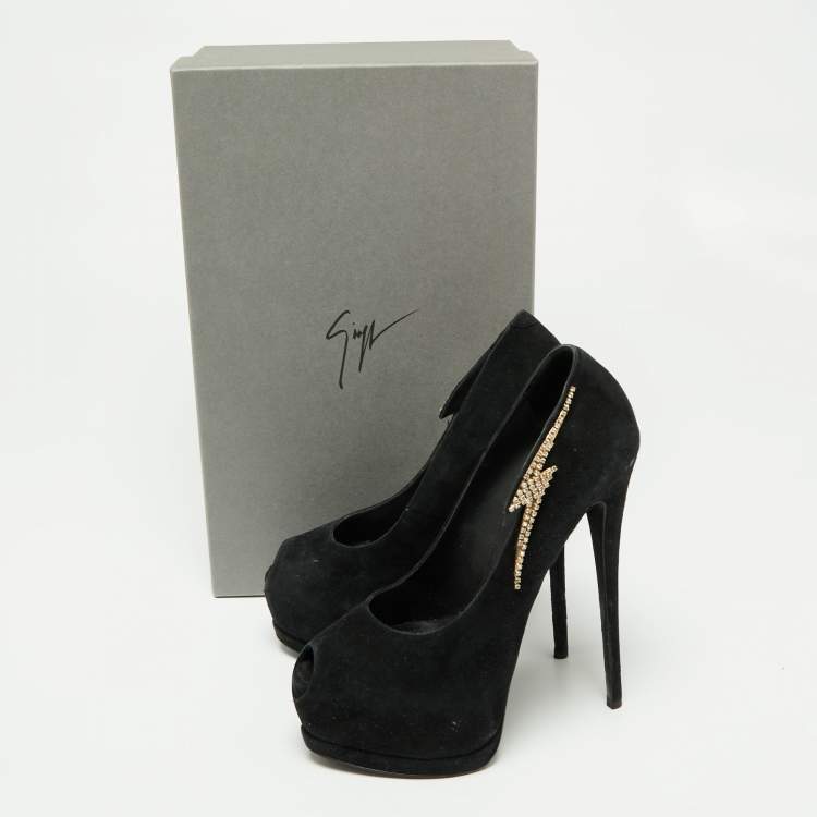 Pre Owned Giuseppe Zanotti Black Suede Crystal Embellished Peep Toe Pumps Size 39