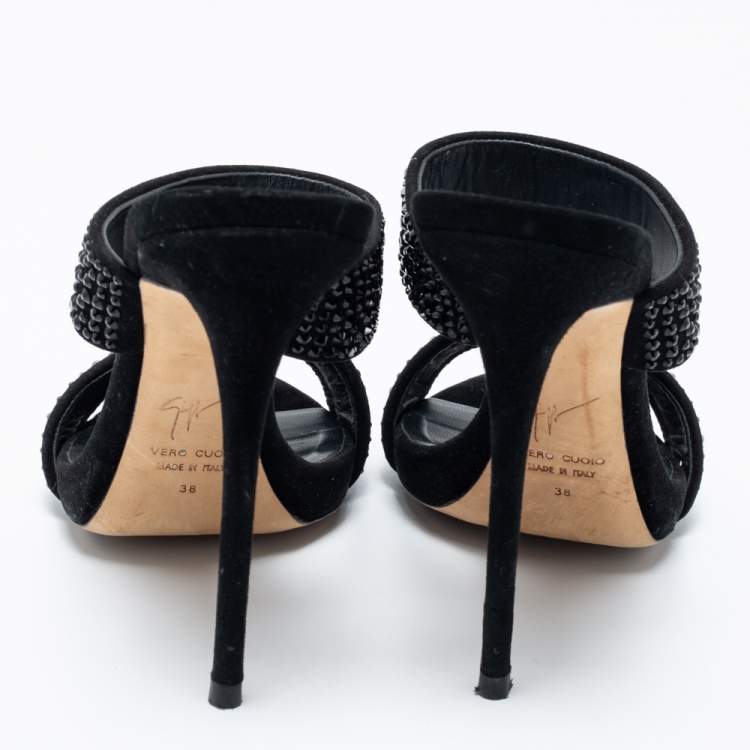 Pre Owned Giuseppe Zanotti Black Suede Crystal Embellished Slide Sandals Size 38