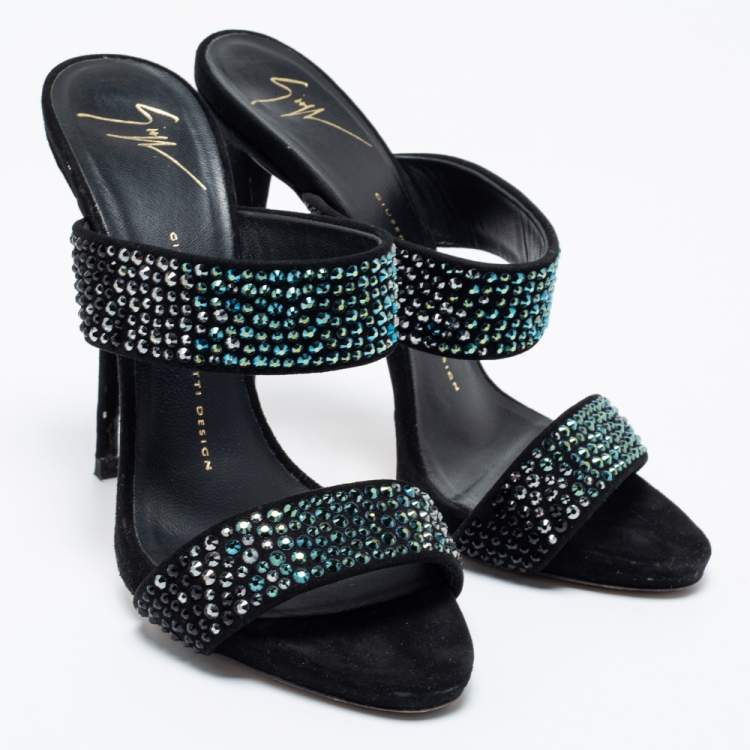 Pre Owned Giuseppe Zanotti Black Suede Crystal Embellished Slide Sandals Size 38