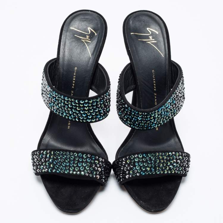 Pre Owned Giuseppe Zanotti Black Suede Crystal Embellished Slide Sandals Size 38