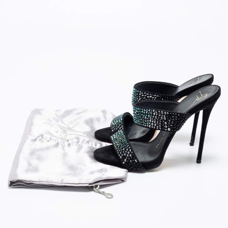 Pre Owned Giuseppe Zanotti Black Suede Crystal Embellished Slide Sandals Size 38