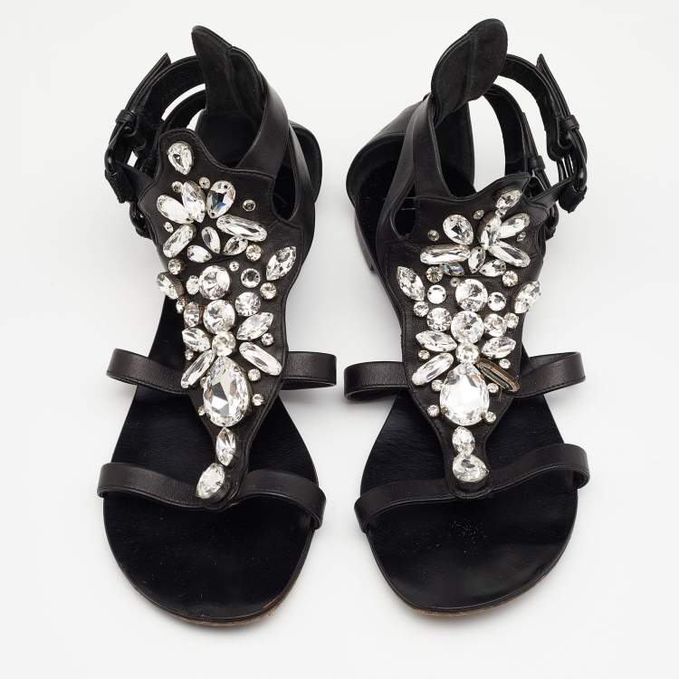 مملوكة مسبقًا Giuseppe Zanotti Black Leather Crystal Embellished Ankle Strap Flat Sandals Size 38