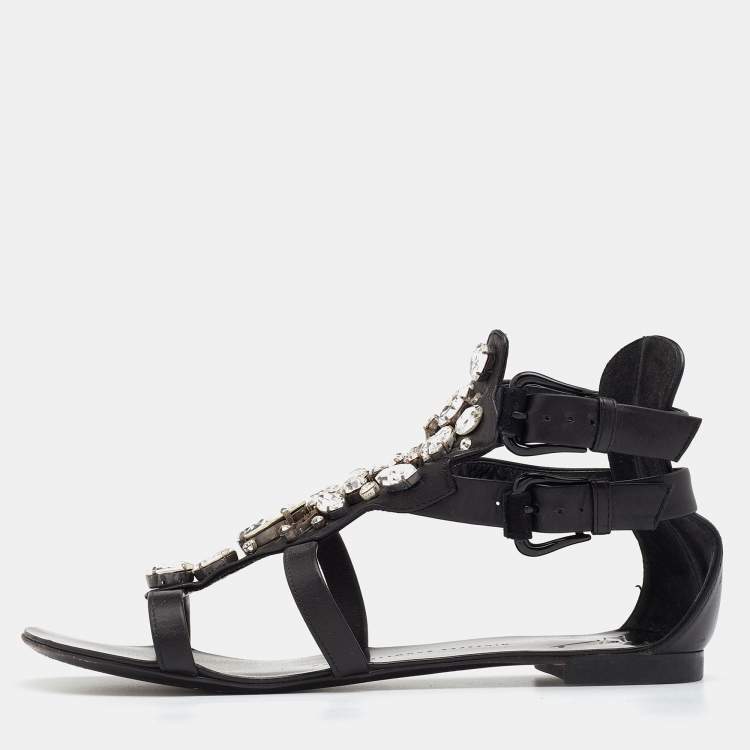 مملوكة مسبقًا Giuseppe Zanotti Black Leather Crystal Embellished Ankle Strap Flat Sandals Size 38