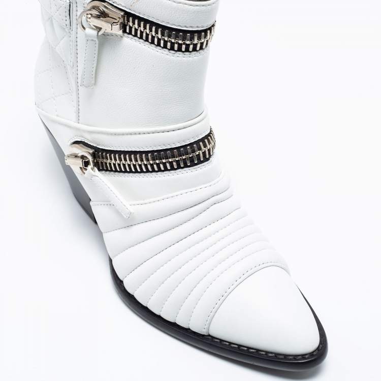 Pre Owned Giuseppe Zanotti White Quilted Leather Biker Ankle Boots Size 37.5