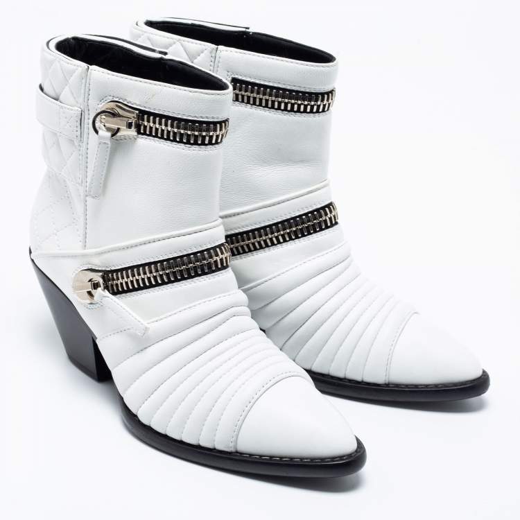 Pre Owned Giuseppe Zanotti White Quilted Leather Biker Ankle Boots Size 37.5