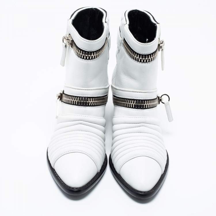 Pre Owned Giuseppe Zanotti White Quilted Leather Biker Ankle Boots Size 37.5