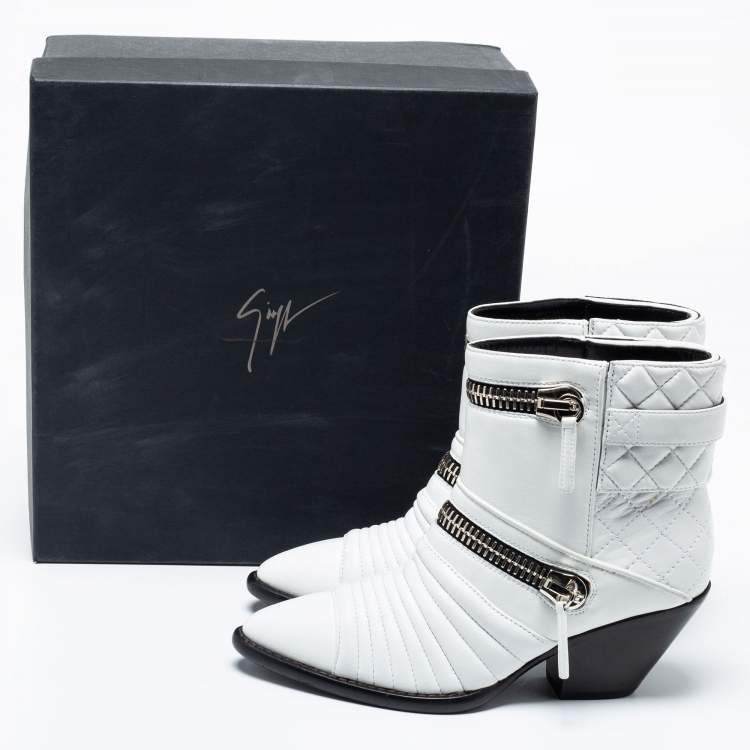 Pre Owned Giuseppe Zanotti White Quilted Leather Biker Ankle Boots Size 37.5