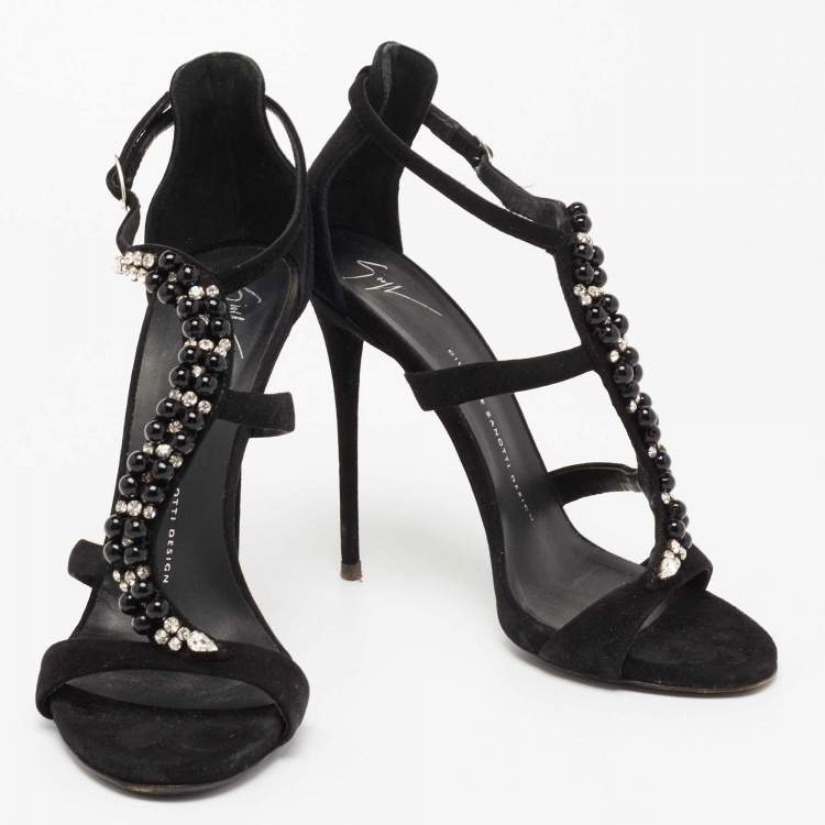 Pre Owned Giuseppe Zanotti Black Suede Crystal Embellished T-Strap Sandals Size 39