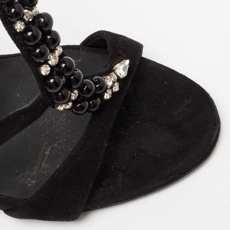 Pre Owned Giuseppe Zanotti Black Suede Crystal Embellished T-Strap Sandals Size 39