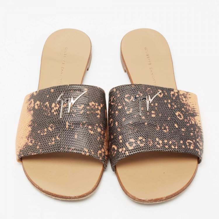 Pre Owned Giuseppe Zanotti Brown/Beige Lizard Embossed Leather Flat Sandals Size 38