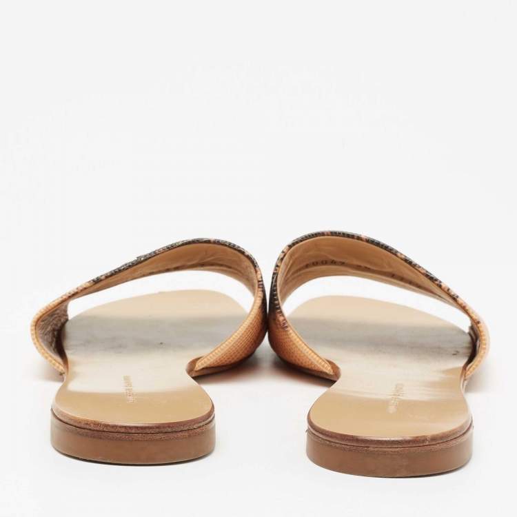 Pre Owned Giuseppe Zanotti Brown/Beige Lizard Embossed Leather Flat Sandals Size 38