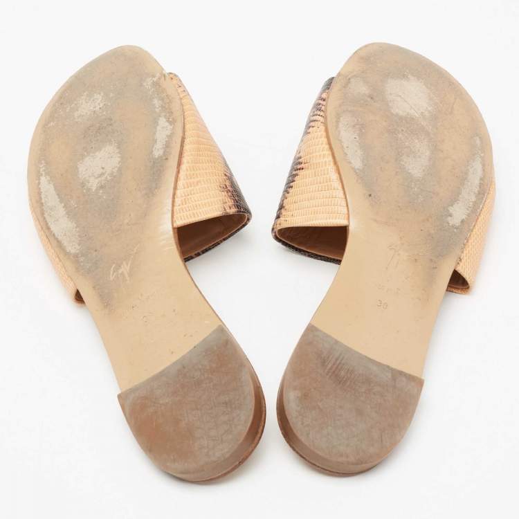 Pre Owned Giuseppe Zanotti Brown/Beige Lizard Embossed Leather Flat Sandals Size 38