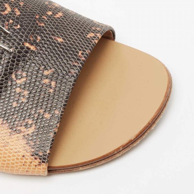 Pre Owned Giuseppe Zanotti Brown/Beige Lizard Embossed Leather Flat Sandals Size 38