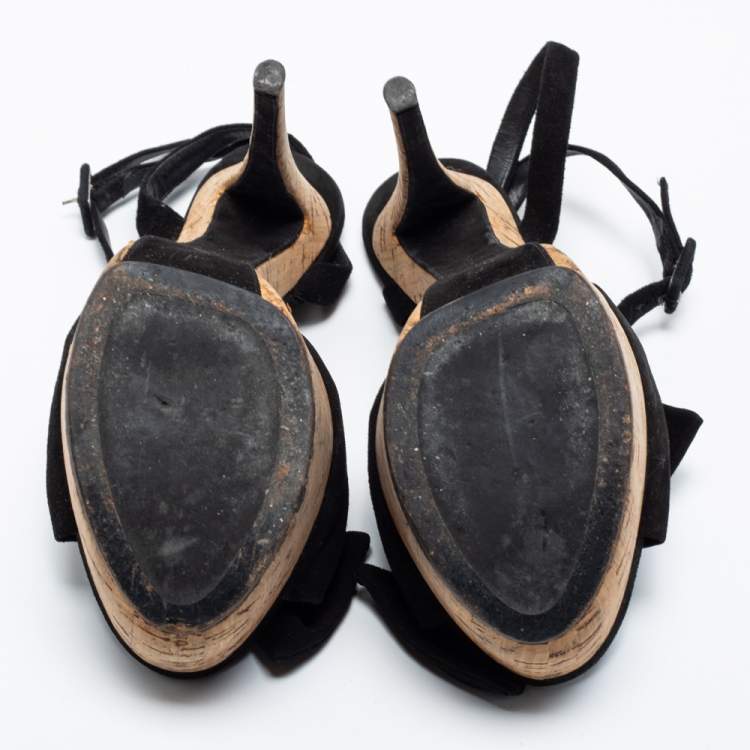 Pre Owned Giuseppe Zanotti Black Suede Denny Cork Platform Bow Ankle Strap Sandals Size 40