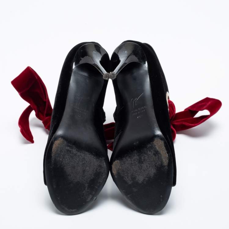 Pre Owned Giuseppe Zanotti Black And Red Velvet Cut Out Peep Toe Tie Up Ankle Boots Size 40