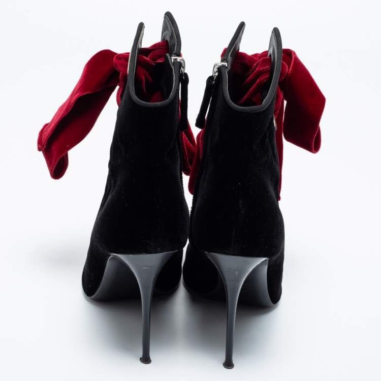 Pre Owned Giuseppe Zanotti Black And Red Velvet Cut Out Peep Toe Tie Up Ankle Boots Size 40