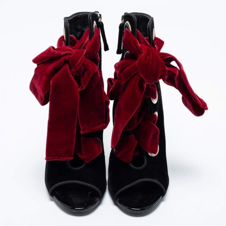 Pre Owned Giuseppe Zanotti Black And Red Velvet Cut Out Peep Toe Tie Up Ankle Boots Size 40