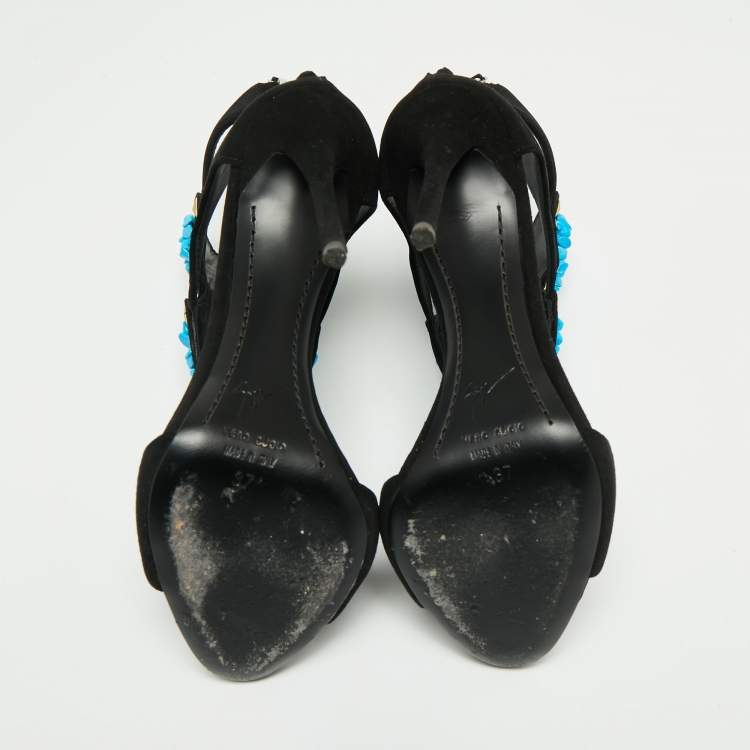 مملوكة مسبقًا Giuseppe Zanotti Black Suede Crystal Turquoise Stone Embellished Cut Out Sandals Size 37