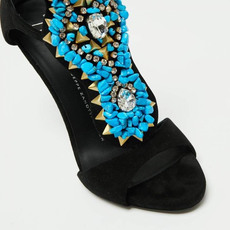مملوكة مسبقًا Giuseppe Zanotti Black Suede Crystal Turquoise Stone Embellished Cut Out Sandals Size 37