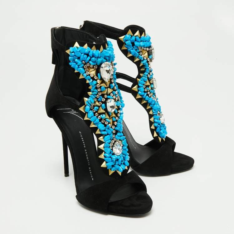 مملوكة مسبقًا Giuseppe Zanotti Black Suede Crystal Turquoise Stone Embellished Cut Out Sandals Size 37
