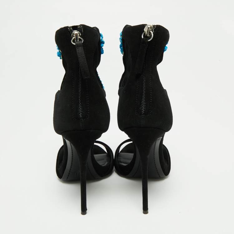 مملوكة مسبقًا Giuseppe Zanotti Black Suede Crystal Turquoise Stone Embellished Cut Out Sandals Size 37