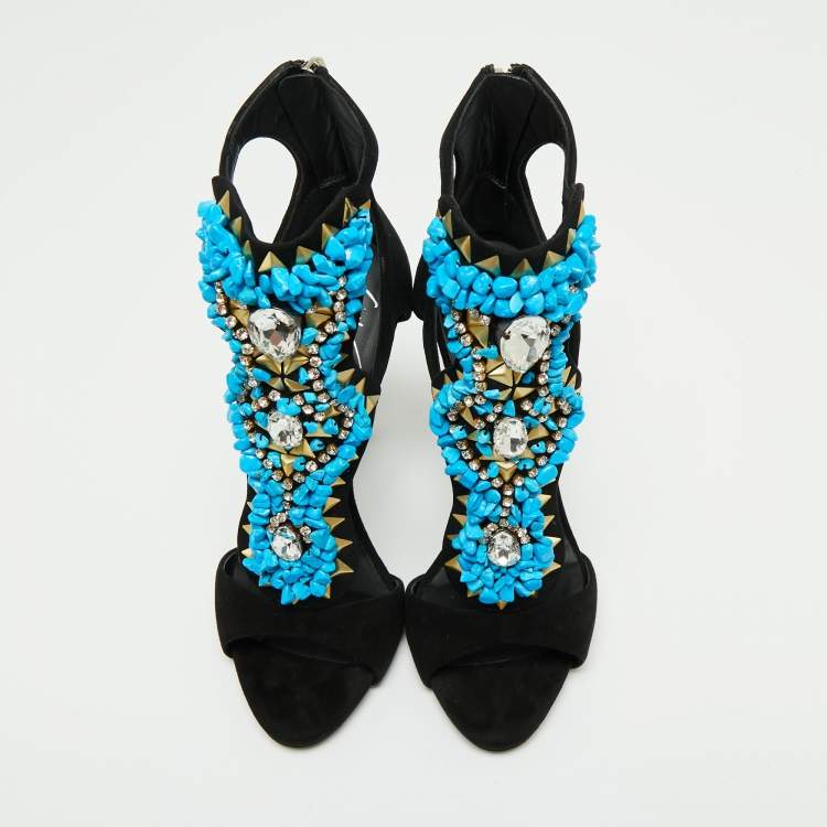 مملوكة مسبقًا Giuseppe Zanotti Black Suede Crystal Turquoise Stone Embellished Cut Out Sandals Size 37
